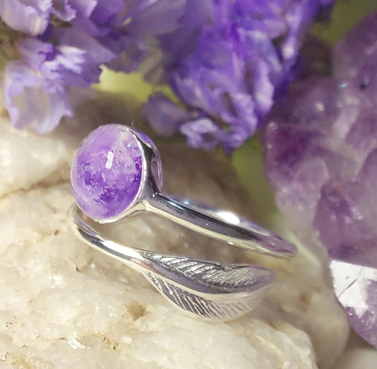 Feather and Sphere Adustable ring 925 Silver image 1