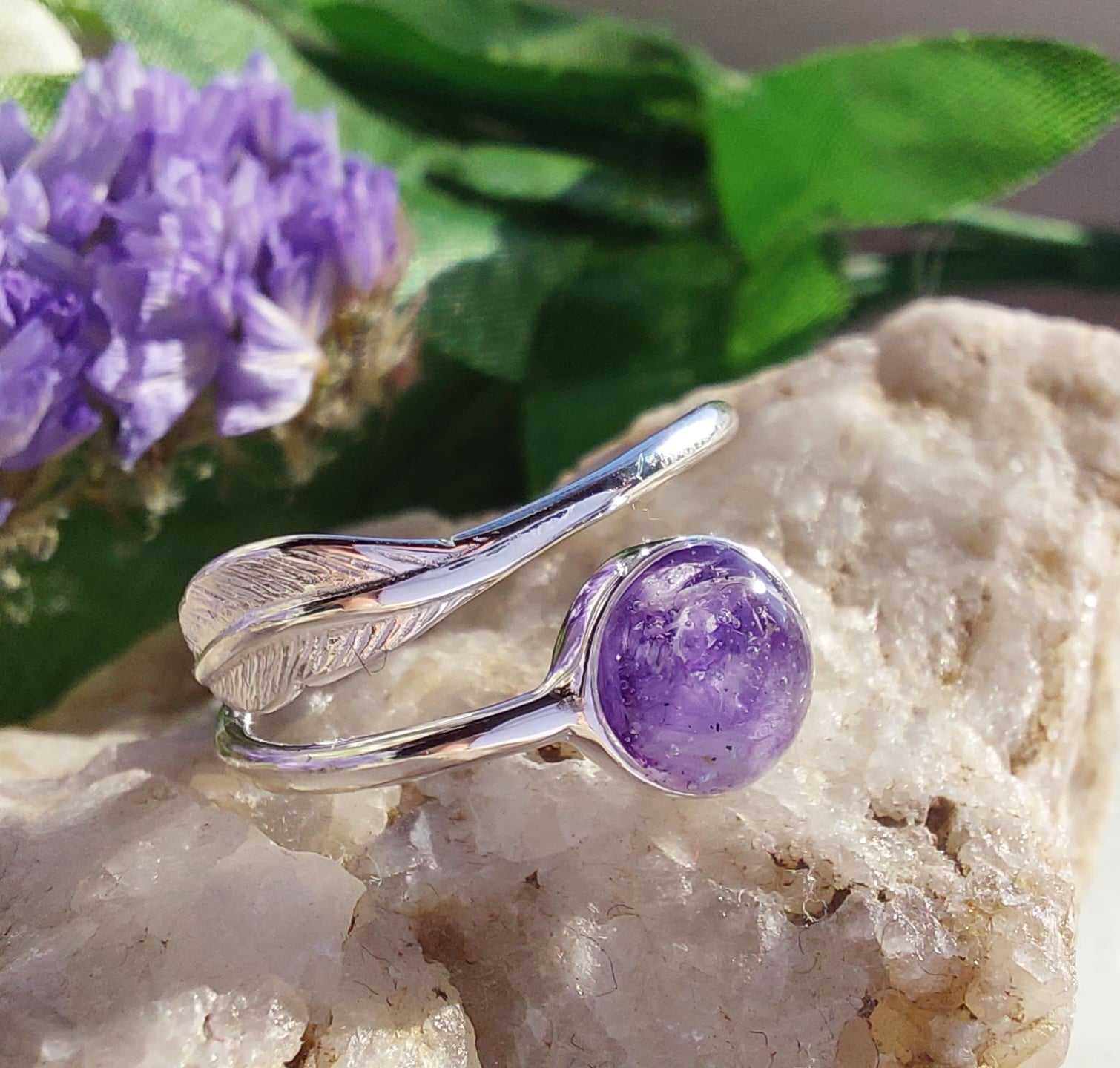 Feather and Sphere Adustable ring 925 Silver image 0
