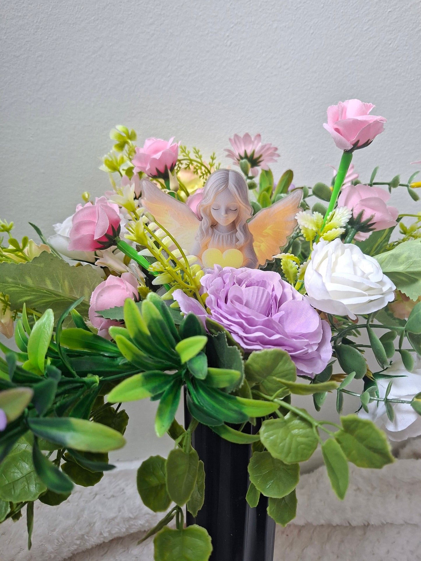 Grave Vase Faux Flower Display with Angel