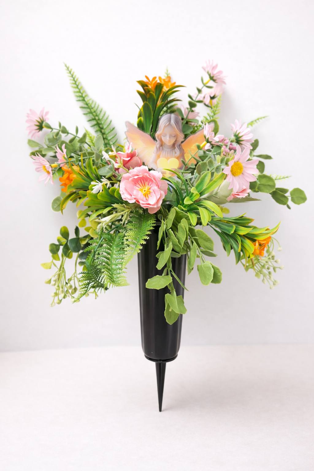 Grave Vase Faux Flower Display with Angel