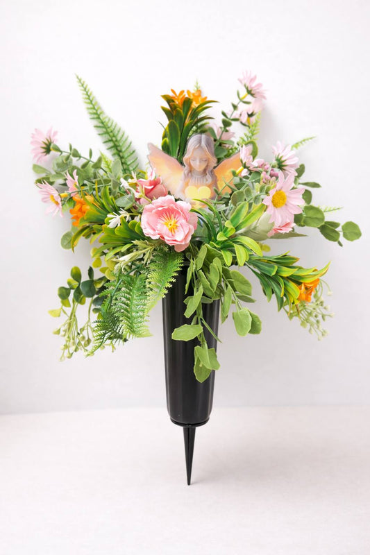 Grave Vase Faux Flower Display with Angel