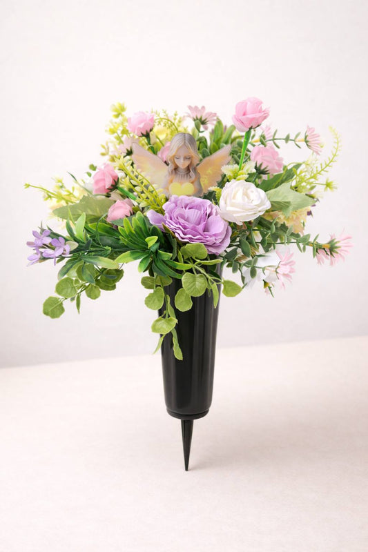 Grave Vase Faux Flower Display with Angel