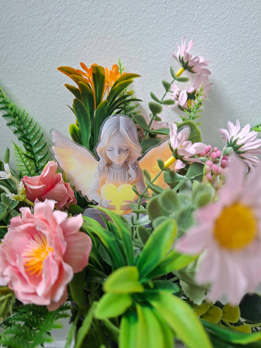 Grave Vase Faux Flower Display with Angel