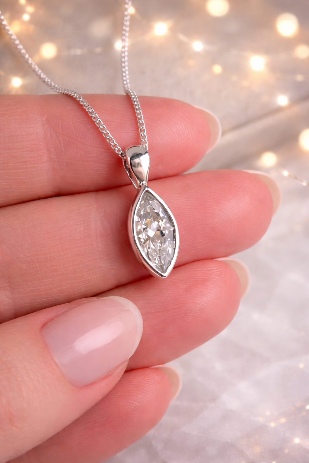 Secretly Set Marquise Pendant with CZ. Memorial with hidden ashes.