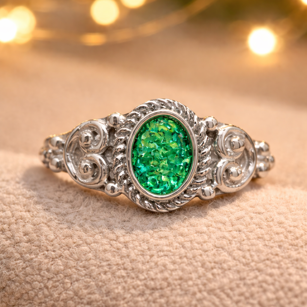 Filigree Style  Memorial Ring - 925 Silver Memorial Ring w/ Inclusions