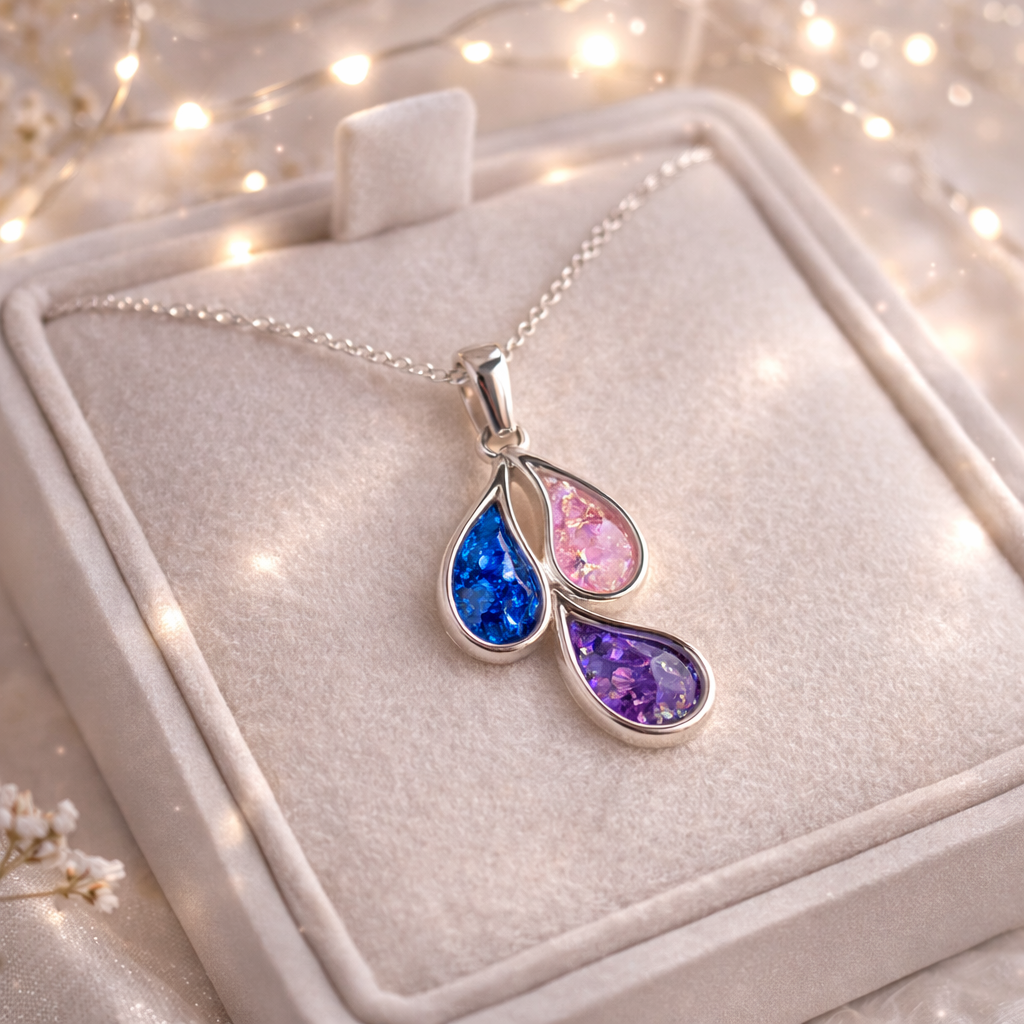 Triple Teardrop Memorial Pendant, Memorial Necklace with Ashes / Hair or Fur.