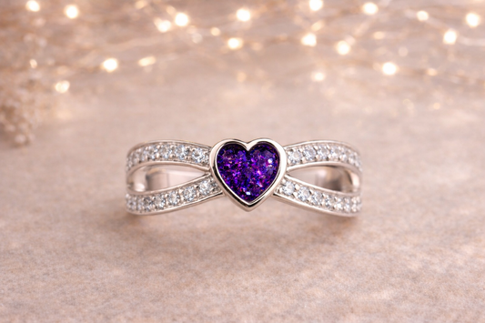 Delicate Heart Style  Memorial Ring - 925 Silver Memorial Ring w/ Inclusions